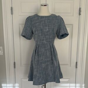 AQUA Blue Tweed Bouclé Textured Fit & Flare Old Money Puff Sleeve Dress Size M